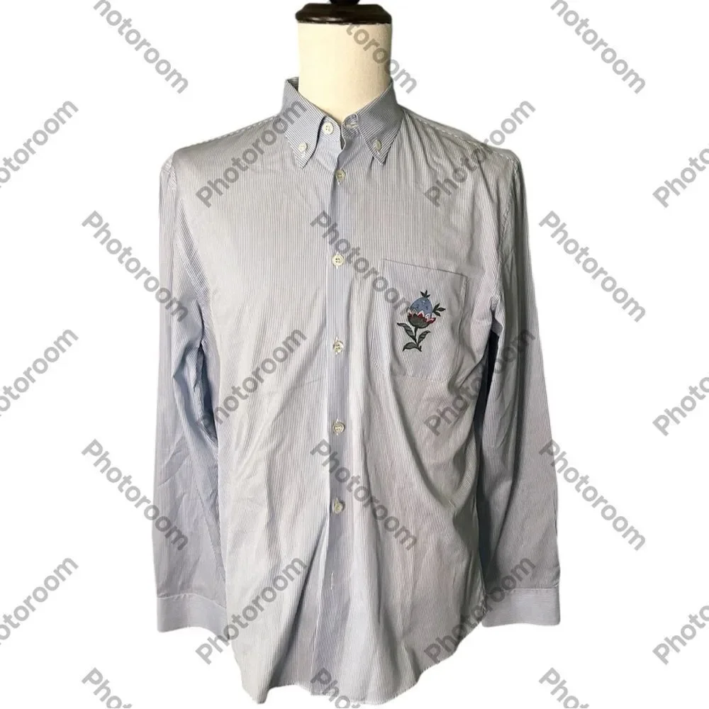 Gucci Light Blue Pinstriped Shirt Embroidered Flower pocket, Size 42 Preowned